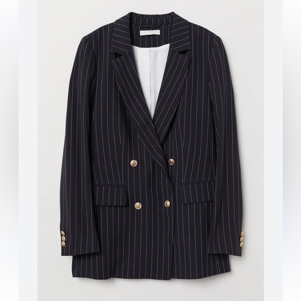 Blue and white striped blazer with gold buttons
